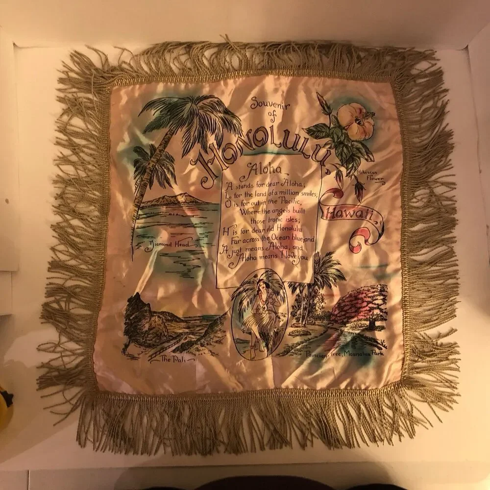 Vintage Honolulu Hawaii Satin Souvenir Pillow Cover Fringe Aloha Mid Century
